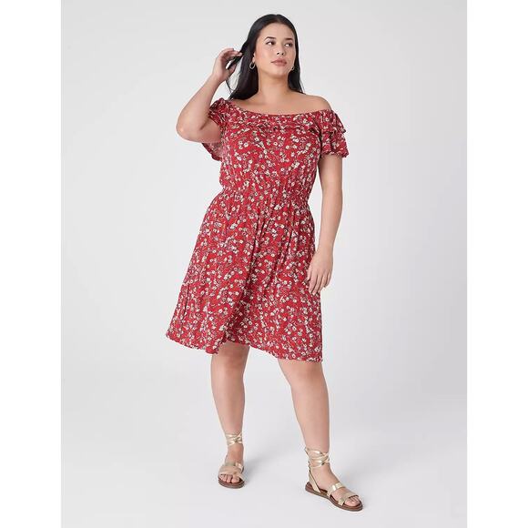 Lane Bryant Dresses & Skirts - NWT Lane Bryant Red Floral Convertible Dress 22/24 Ruffle Off Shoulder Pocket